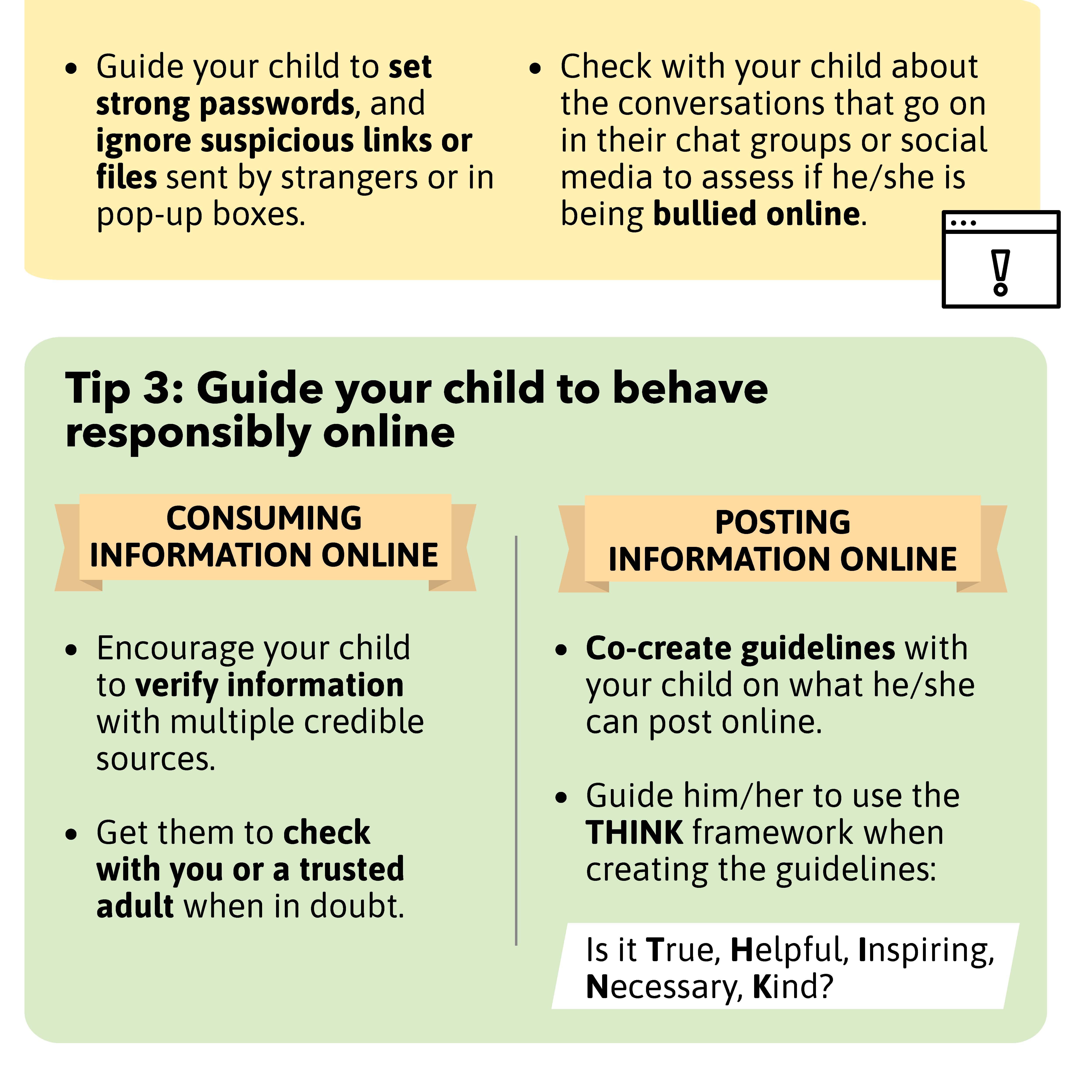 Tips for guiding children on online safety, covering passwords, cyberbullying, verifying information, and the THINK framework.